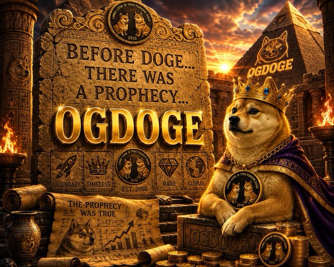 The image is a meme-style promotional graphic for the OGDOGE cryptocurrency, featuring a Shiba Inu dog wearing a crown and royal cape next to an ancient Egyptian-themed stone tablet that reads "BEFORE DOGE... THERE WAS A PROPHECY... OGDOGE," with additional labels like "LEGENDARY," "TIMELESS," "EST. 2010," and "RARE," plus stacks of gold coins at the bottom. This relates to the post by showcasing the trader's bullish conviction in OGDOGE, depicting it as a legendary, prophetic predecessor to Doge with serious profit potential, justifying their ~50 SOL bidding activity.