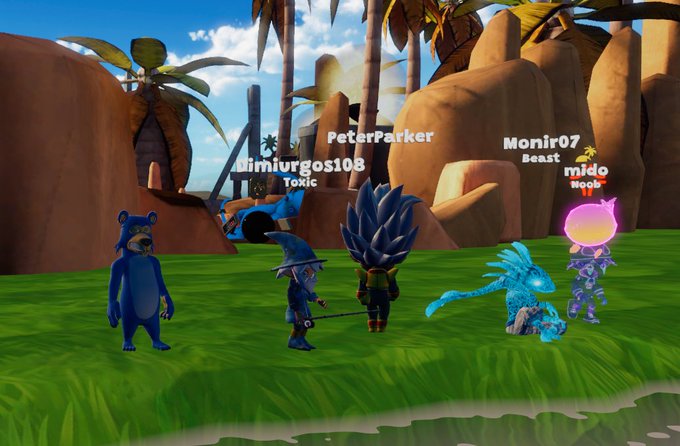 A Roblox game scene showing five player avatars with name tags: 'Dimitur... (Toxic)', 'PeterParker', 'Monir07 (Beast)', 'mido (Noob)', and an unlabeled spiky-haired character, standing on grass in a tropical environment.