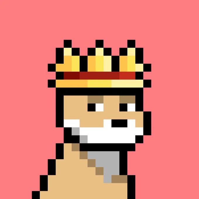 A pixel art portrait of a bearded king or ruler wearing a golden crown with a red band, set against a coral pink background.