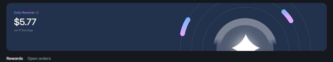 A dark dashboard interface showing 'Daily Rewards' of $5.77 with 24h Earnings, featuring a mountain logo and navigation tabs for Rewards and Open orders.