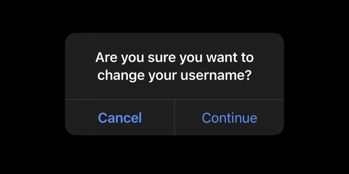 A dialog box on a dark background asks 'Are you sure you want to change your username?' with 'Cancel' and 'Continue' buttons in blue.