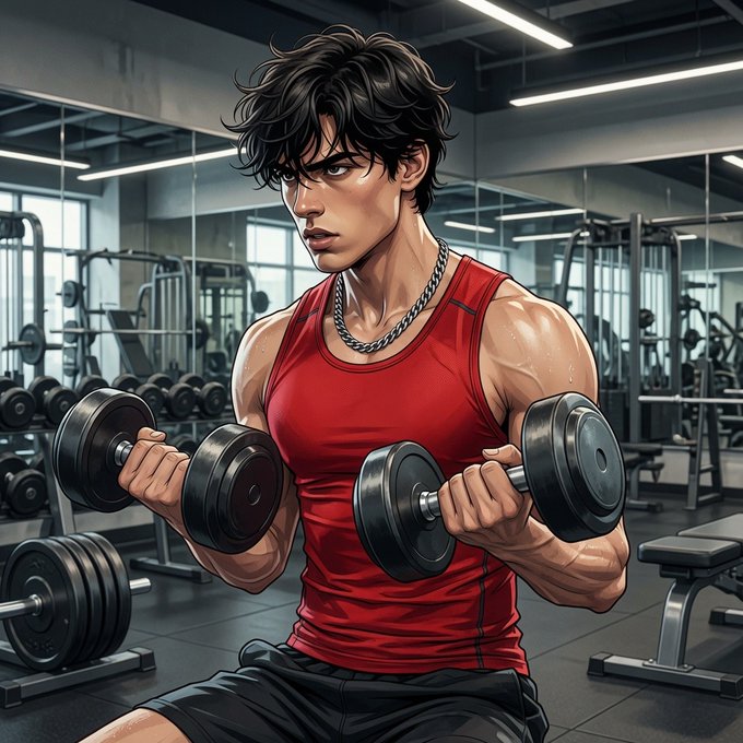 An anime-style illustration shows a muscular young man in a red tank top lifting heavy dumbbells in a gym.