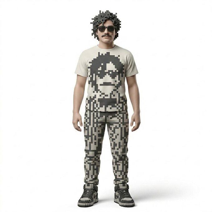 A man wearing a pixelated/8-bit style outfit featuring a black-and-white afro graphic on the t-shirt and matching patterned pants, sunglasses, and chunky sneakers.