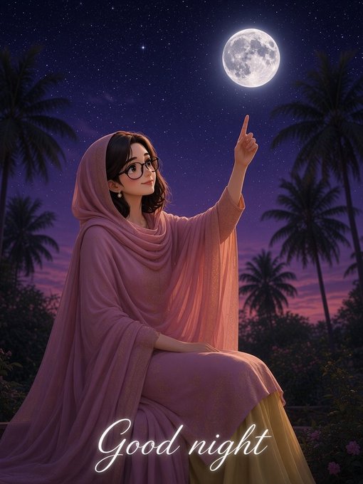 A digital illustration of a woman wearing a pink headscarf and shawl, sitting outdoors under a starry night sky and pointing at a full moon, with the text 'Good night' displayed below.