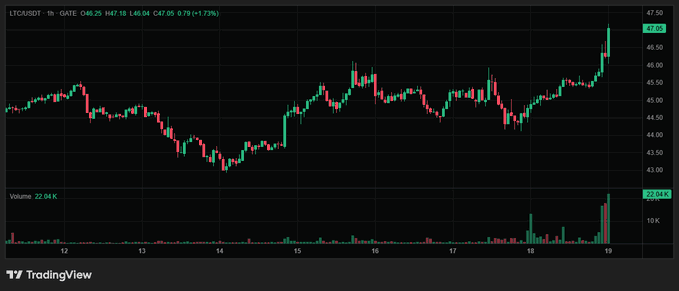 A TradingView candlestick chart for LTC/USD on the GATE exchange showing the 1-hour timeframe with the price at 46.25, up 1.73%, with volume of 22.04K.