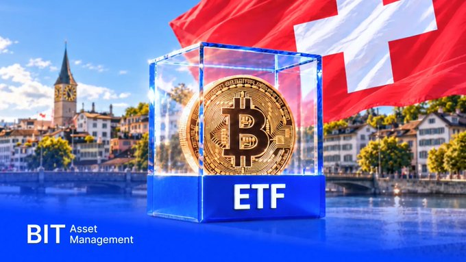 A promotional image for BIT Asset Management showing a Bitcoin coin in a transparent case labeled “ETF,” with a Swiss flag and cityscape in the background.