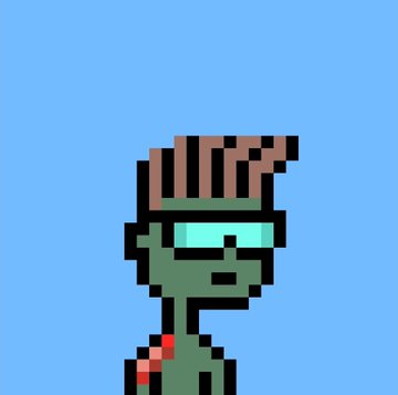A pixel art style avatar of a green-skinned zombie character with brown hair and cyan sunglasses against a light blue background.
