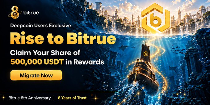 A promotional banner for Bitrue's "Rise to Bitrue" campaign inviting Deepcoin users to migrate, featuring text about a 500,000 USDT reward pool and a "Migrate Now" button, set against a fantasy underwater cityscape with a treasure-laden ship, marking Bitrue's 8th Anniversary with "8 Years of Trust."