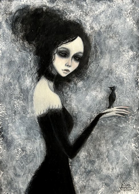 A gothic-style painting of a pale, melancholic woman in a black dress holding a small dark bird on her outstretched hand, with a signature reading 'Nina 2026' in the corner.