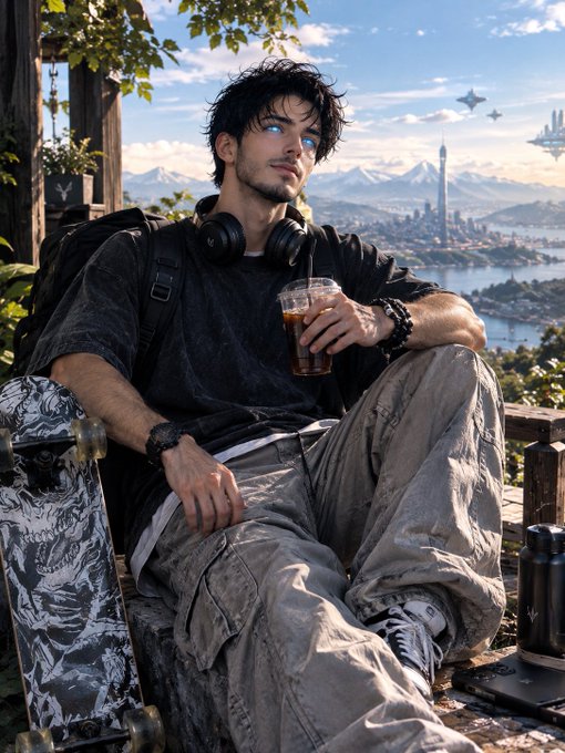 Digital art illustration of a young man with glowing blue eyes sitting relaxed with headphones around his neck, holding an iced drink, with a skateboard beside him and a futuristic cityscape with spacecraft in the background.
