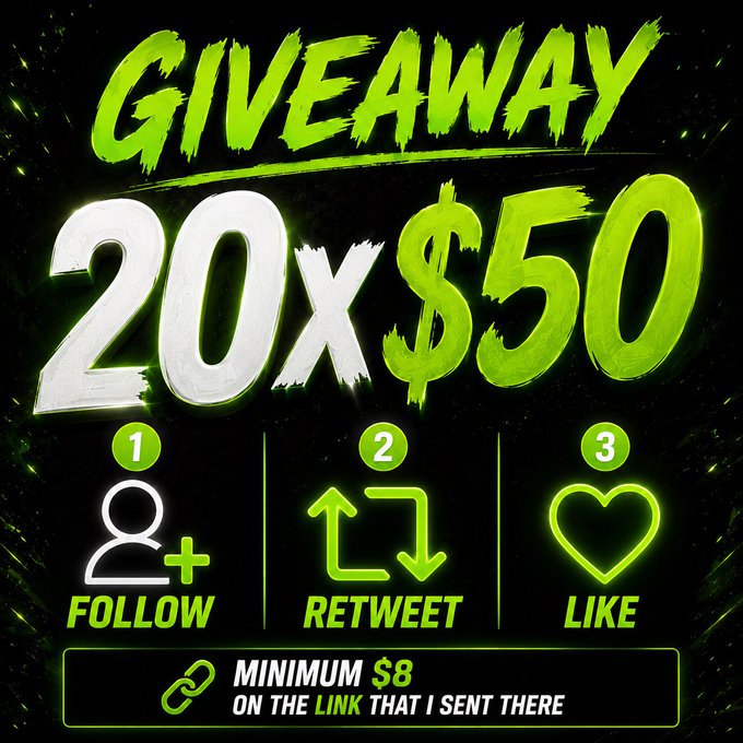 A neon green promotional graphic announces a "GIVEAWAY" offering "20x$50" prizes, with three numbered steps—FOLLOW (1), RETWEET (2), and LIKE (3)—alongside a call to action stating "MINIMUM $8 ON THE LINK THAT I SENT THERE," which directly corresponds to the post's instructions to like, retweet, register, and deposit a minimum of $8 to enter the August 4th drawing.
