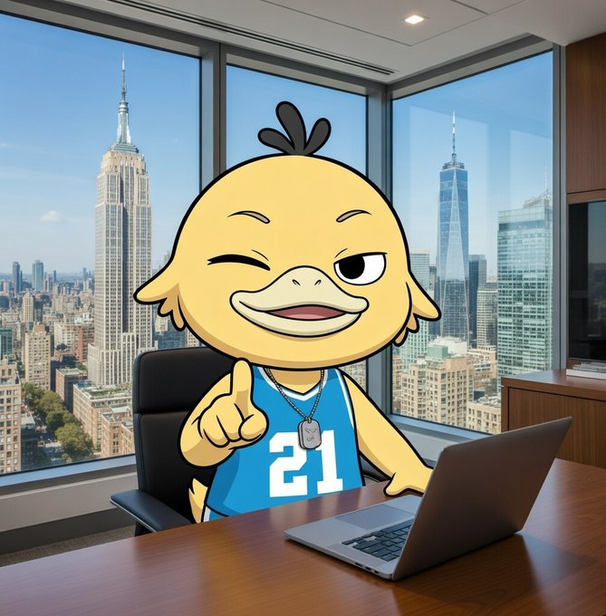 The image features a cartoon duck sitting at a desk with an open laptop computer. The duck has a basketball jersey on and is pointing towards something outside of the frame. The caption for this image reads "What sets @wallchain apart from all the other platforms? The more I delved into Wallchain, the clearer it became to me that the platform strives to sustain attention, to preserve and transform it". This statement highlights the unique features of the cartoon duck's character and how it stands out compared to other platforms.