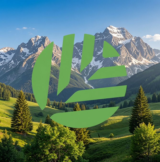 A green stylized logo featuring curved stripes and mountain peaks, set against a backdrop of snow-capped mountains, green meadows, and pine trees.