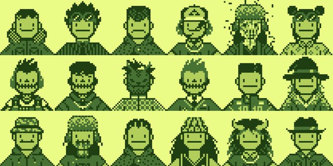 A grid of 18 pixel-art character portraits in green monochrome, showcasing diverse stylized avatars. The image relates to the post by displaying the collection's character lineup being revealed on OpenSea.