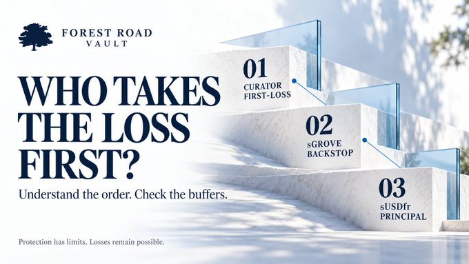 A graphic titled 'FOREST ROAD VAULT' asks 'WHO TAKES THE LOSS FIRST?' and shows three numbered stone steps labeled '01 CURATOR FIRST-LOSS', '02 sGROVE BACKSTOP', and '03 sUSDfr PRINCIPAL'.