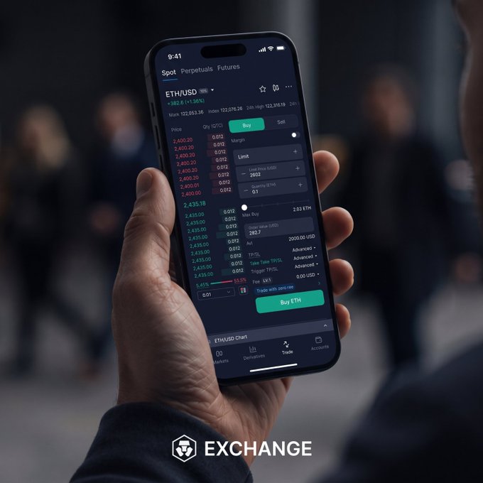 A hand holding a smartphone displaying a crypto trading interface for ETH/USD on what appears to be an exchange app, showing order books, buy options, and a 'Buy ETH' button.