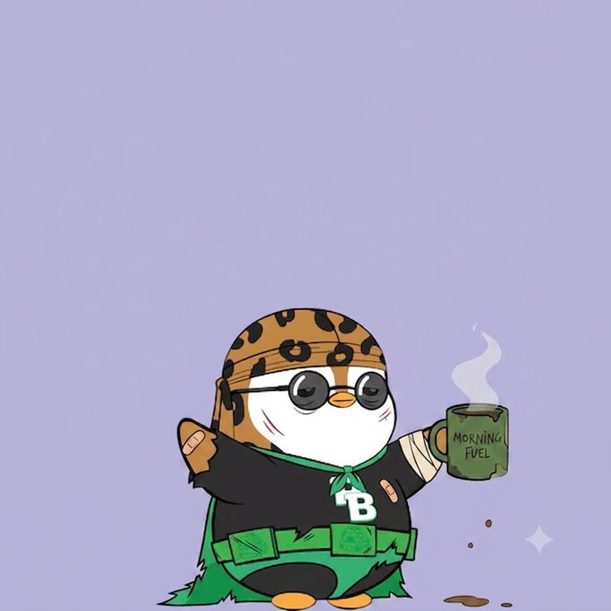 A cartoon illustration shows a chubby penguin-like character wearing a leopard print hat and a black outfit with a green belt, holding a green mug labeled 'MORNING FUEL' against a purple background.