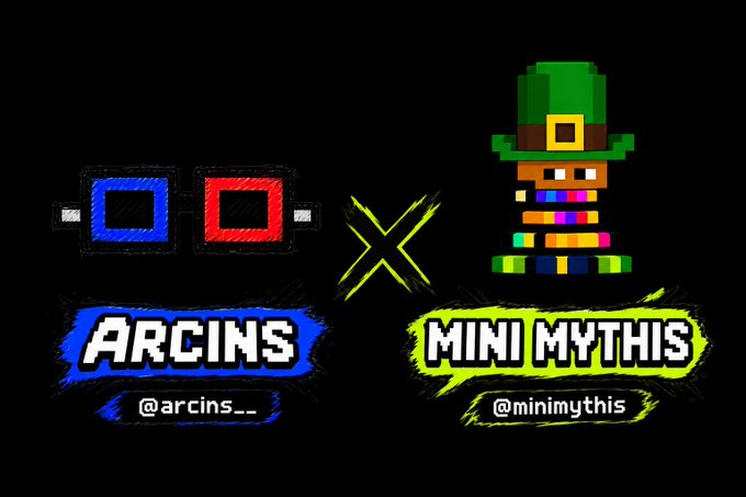 A collaboration banner featuring ARCINS (@arcins__) with blue/red glasses icon and MINI MYTHIS (@minimythis) with a pixelated leprechaun character, separated by a yellow X symbol on a black background.
