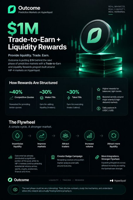 A promotional graphic for Outcome, a prediction market platform on Hyperliquid, advertising '$1M Trade-to-Earn + Liquidity Rewards' with a breakdown of rewards (40% Competitive Quotes, 30% Maker Fills, 30% Taker Fills) and a 'Flywheel' diagram showing how the cycle works.