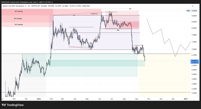 A TradingView chart of FET/PEPE Perpetual futures (CryptoCap USDT Dominance) dated September 21, 2024, showing technical analysis with BTC bottom markers, channels, and price action around 6,400.