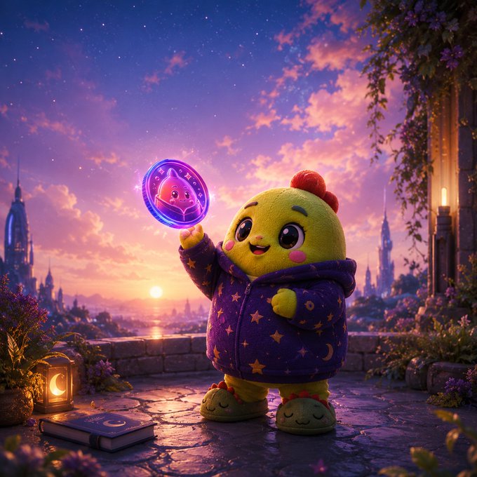 The image features a cartoon character, likely a yellow frog or duck, standing on a stone floor with a book next to them. The character appears to be holding up a coin that has a face on it, possibly as part of a game or activity. The background shows a city skyline at sunset, creating a serene and dreamy atmosphere. The image also contains text that reads "i don' t see sleep as just another token. the way i look at it, it's gradually becoming the key that unlocks the entire @sleepagotchi experience. AI insights. wellness tools. community access. future health intelligence layers." This suggests a connection between the coin and the city skyline, possibly symbolizing the importance of sleep in our daily lives or as a key to achieving success and well-being.