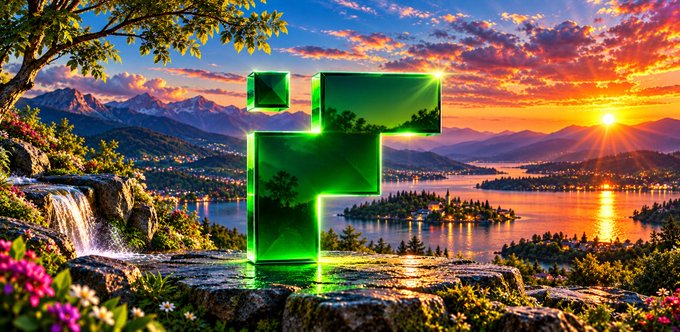 A vibrant digital illustration showing a glowing green geometric logo situated on a rocky outcrop, overlooking a sunset scene with mountains, a lake, and a city in the distance.