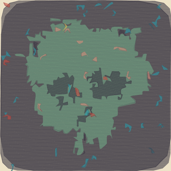 An abstract digital illustration featuring a teal irregular shape with a jagged edge on a dark blue textured background, scattered with small pink, red, and blue confetti-like marks.