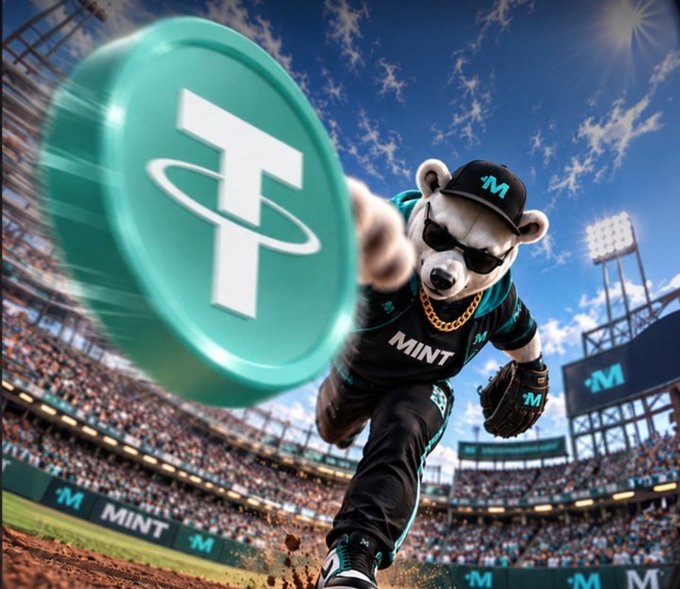A digital illustration depicts a bear mascot wearing sunglasses, a black cap with an 'M', a gold chain, and a 'MINT' jersey, pitching a large teal Tether (USDT) coin in a baseball stadium filled with fans.