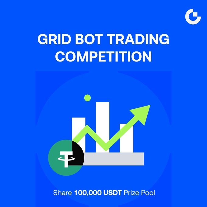 A promotional graphic for a Grid Bot Trading Competition featuring a bar chart with an upward green arrow and the Tether (USDT) logo, advertising a 100,000 USDT prize pool with rewards for the top 50 traders by volume.