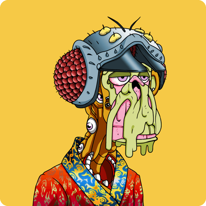 A grotesque cartoon illustration depicts a bizarre humanoid creature with a drooping green face, exposed pink flesh, multiple eyes, and a metallic helmet-like headpiece featuring red scaly sections.