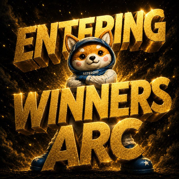 A digital illustration featuring an anime-style dog character in a hoodie labeled 'ASTEROID' standing behind large gold 3D text that reads 'ENTERING WINNERS ARC'.