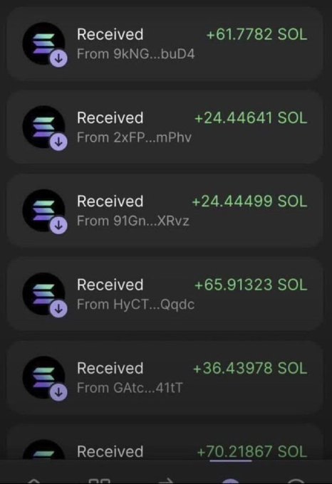 Mobile screenshot showing a series of incoming SOL transactions on a dark-themed interface, with notifications of received amounts ranging from +24.44 SOL to +70.21 SOL from various anonymous wallet addresses.