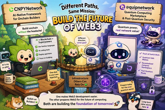A colorful Web3 promotional illustration titled 'Different Paths, Same Mission: BUILD THE FUTURE OF WEB3' featuring CNPYNetwork (@cnpy) on the left with green mascot characters emphasizing AI coding tools, and Quip Network (@quipnetwork) on the right with white astronaut-style mascots focused on quantum computing.