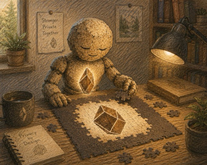 Artistic illustration of a stone-textured humanoid figure assembling an Ethereum logo puzzle at a desk, with notes reading "Stronger Private Together" and "Privacy by Design" in a warm-lit room.