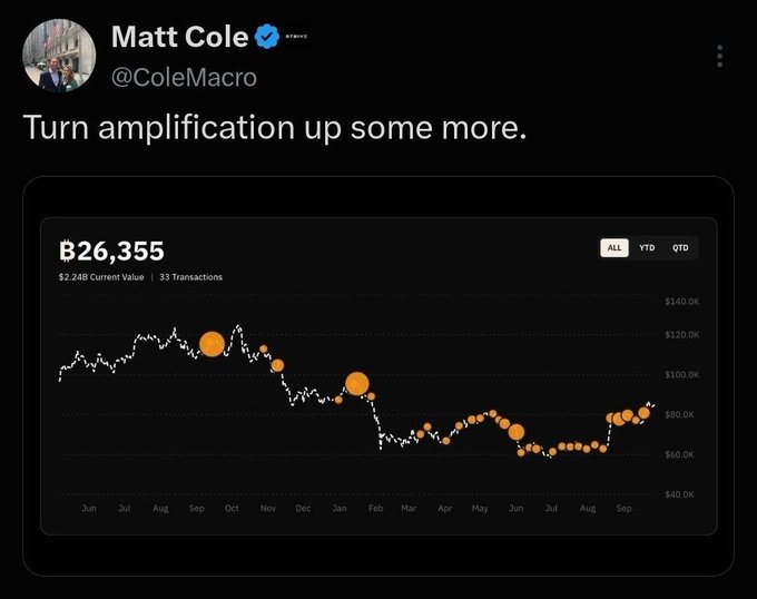 The image shows a tweet from Matt Cole (@ColeMacro) captioned "Turn amplification up some more," featuring a Bitcoin price chart displaying a current value of $2.24B across 33 transactions, with the price fluctuating between approximately $60K and $140K from June to September. The chart visually reinforces the post's context about Strive's CEO hinting at additional Bitcoin purchases, suggesting bullish sentiment toward corporate Bitcoin accumulation despite recent price volatility.