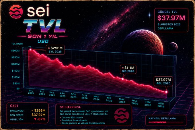 The image displays a Sei (SEI) TVL chart showing a dramatic decline from approximately $296M in September 2025 to $37.97M in August 2026, representing an 87% loss.

The visualization supports the post's claim about Sei's severe TVL erosion, illustrating that despite being a high-performance DeFi Layer 1 blockchain with Cosmos SDK, parallel processing, and instant settlement capabilities, it has suffered massive liquidity outflows as capital increasingly flows toward Ethereum Layer 2s like Base and emerging chains like Robinhood's network rather than non-Solana EVM-compatible Layer 1s.