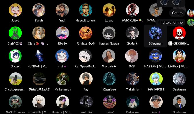 Discord-style grid showing multiple anime and gaming profile pictures with usernames like JasoL, Sarah, Yuvi, Huesti, Lucas, Web3Kalito, and others.