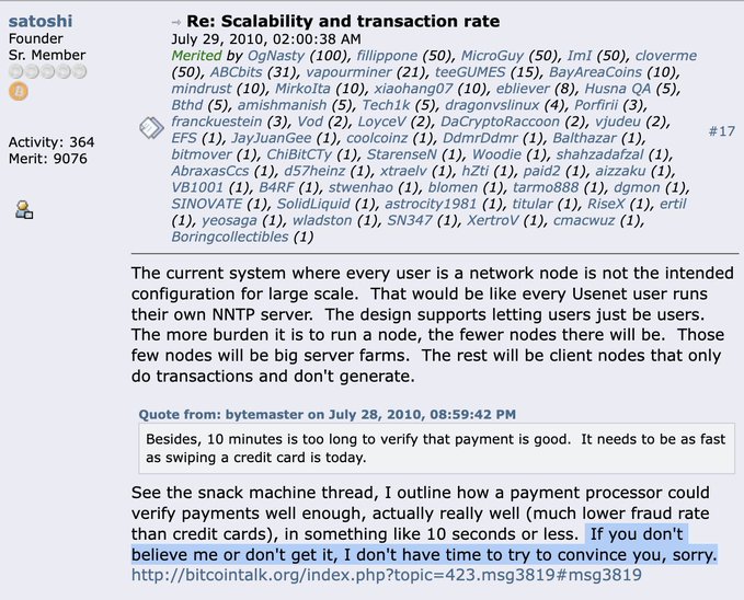 A forum post titled 'Re: Scalability and transaction rate' by user 'satoshi' discussing how 'The current system where every user is a network node is not the intended configuration for large scale.'