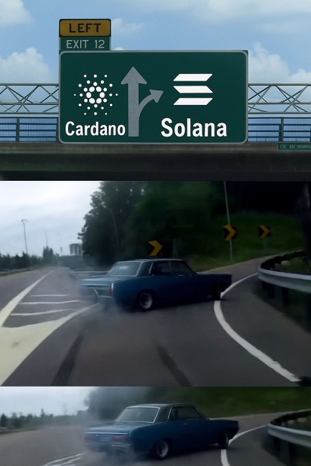 A meme featuring a highway sign showing 'LEFT EXIT 12' with arrows pointing to 'Cardano' and 'Solana', placed above two screenshots of a blue car drifting off a highway exit.