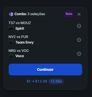 A betting app interface showing a 3-selection combo bet (TS7 vs MOUZ Spirit, NV2 vs FUR Team Envy, NRG vs VOC Voca) with a return of $12.58 at 12.58x odds.