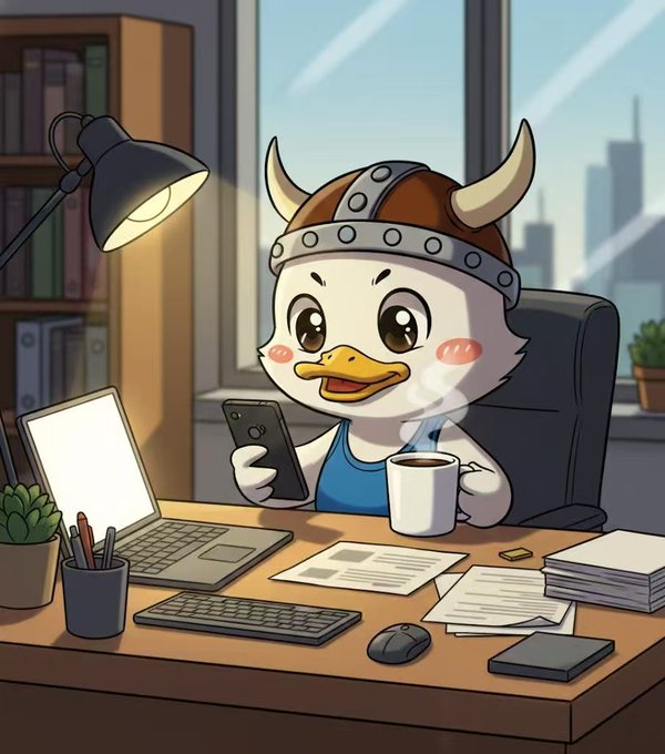 Cute cartoon illustration of a duck wearing a Viking helmet, sitting at a desk with a laptop while holding a smartphone and a steaming cup of coffee.