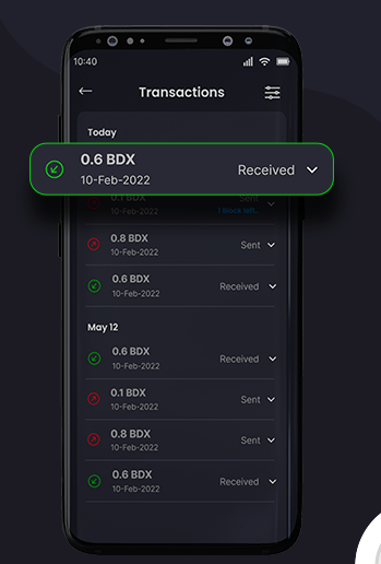 A mobile app screenshot displays a transactions page showing "0.6 BDX Received" on 10-Feb-2022 highlighted in a green box, with a list of past BDX transactions below.