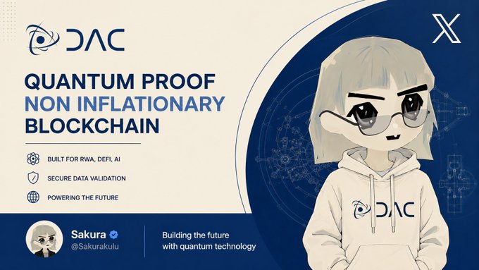 Promotional banner for 'DAC' blockchain featuring an anime-style character with silver hair and glasses, highlighting 'QUANTUM PROOF NON INFLATIONARY BLOCKCHAIN' built for RWA, DeFi, and AI.
