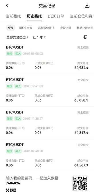 A mobile app screenshot showing a trading history page in Chinese with four completed BTC/USDT limit buy orders between August 6-9, each for 0.06 BTC at prices ranging from 64,317.4 to 65,058.1 USDT, with an invitation code 7484094 at the bottom.
