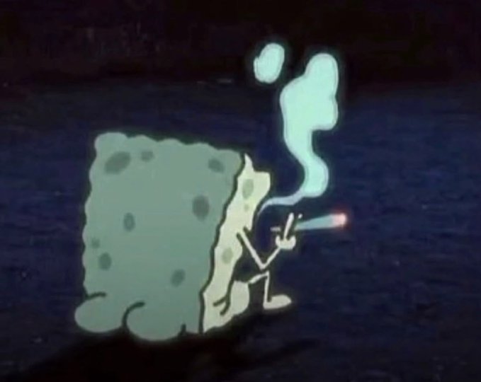 Scene from SpongeBob SquarePants showing SpongeBob lighting a cigarette while hiding behind a rock at night.