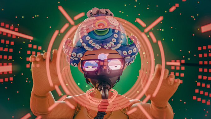 A 3D-rendered figure with octopus tentacles covering their head wears a gas mask and raises their hands, set against a green background with glowing red digital patterns and targeting reticles.