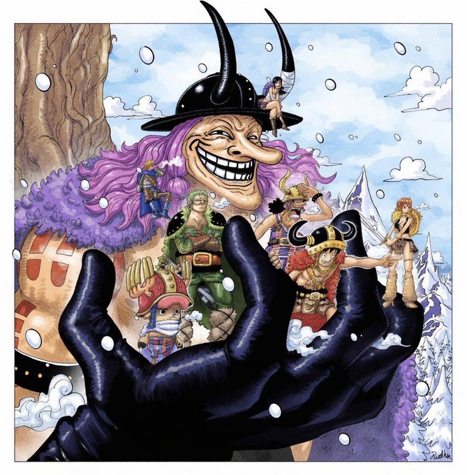 The image is a vibrant illustration featuring the main cast of "One Piece" (including Luffy, Zoro, Nami, Chopper, and Sanji) standing within a giant, menacing hand of a horned, grinning female villain with purple hair, set against a snowy mountainous backdrop. The dark, looming figure with her devilish horns and enormous clawed hand perfectly captures the ominous tone of the "Wano Country Arc's" villain Big Mom, tying into the "$TROLL Arc" theme of deception and looming threats.