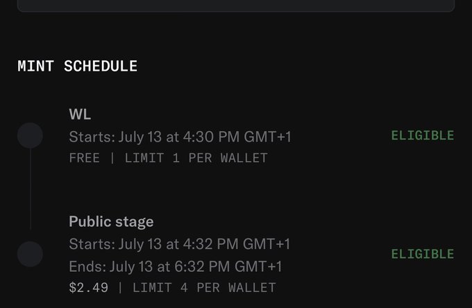 A meme showing a NFT mint schedule with a free whitelist phase on July 13 at 4:30 PM GMT+1 limiting 1 per wallet, immediately followed by a paid public stage at 4:32 PM (just 2 minutes later) at $2.49 with a 4 per wallet limit — illustrating the poster's frustration that the project switched from free to paid minting almost instantly.