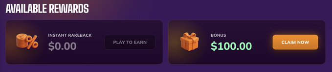 The image displays an "AVAILABLE REWARDS" section with two options: an "INSTANT RAKEBACK" of $0.00 with a "PLAY TO EARN" button, and a "BONUS" of $100.00 with an orange "CLAIM NOW" button. This relates to the post by directing users to claim the highlighted $100 bonus reward.