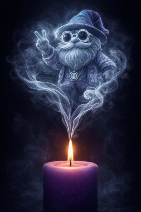 A digital artwork shows a whimsical wizard with a blue hat, round sunglasses, and a long beard making a peace sign, his smoke-like form rising from a burning purple candle.